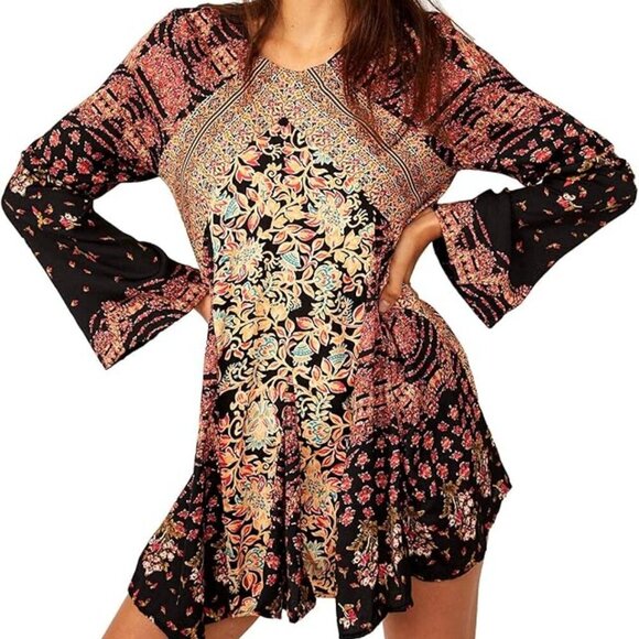 Free People Black Multi Boho Bell Sleeve Stevie Tunic Mini Dress Extra Small - Picture 1 of 16